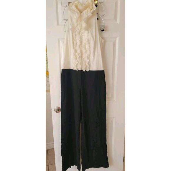 BCBG Maxazria Wide Leg Trouser Jumpsuit SZ 12 Ruffled Sleeveless White/Black - Picture 2 of 11